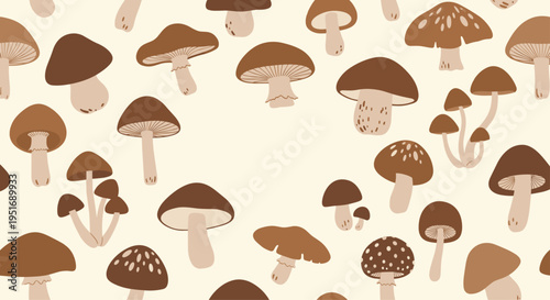 Seamless pattern of various brown and tan mushrooms of different shapes and sizes is arranged over a light cream colored background for nature.