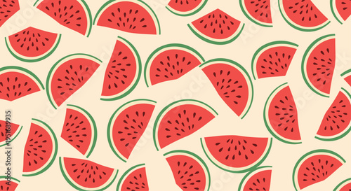 Seamless pattern features many slices of red watermelon with green rinds and black seeds scattered across a pale background for summer vibes.