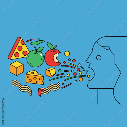 Illustration depicting a person's profile with food items emanating from their mouth, representing taste.