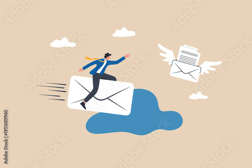 A business man riding a flying envelope as a metaphor for fast digital communication and messaging
