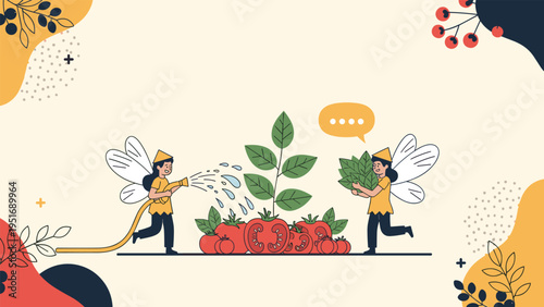Cute magical fairies with wings watering and harvesting fresh red tomatoes in fantasy vegetable garden.