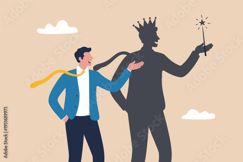 A business man looking at his own shadow which reflects his true ambition and hidden potential