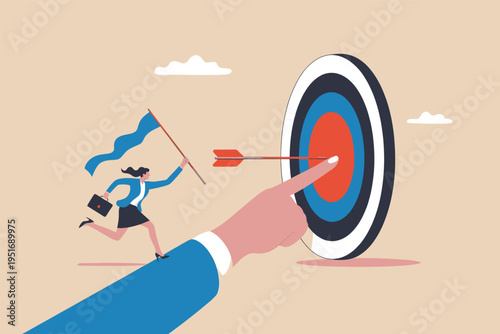 A business woman running with a flag while a giant hand points towards a target in the distance
