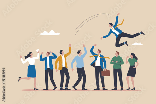 A business team celebrating success together as one colleague jumps with joy in a corporate office