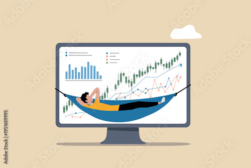 A relaxed trader resting in a hammock placed inside a computer monitor displaying stock market data