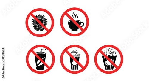 Five different prohibition signs show a red circle with a slash over food and drink items like coffee soda popcorn and sunflower seeds.