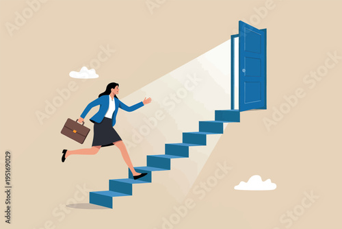 A motivated businesswoman climbing a staircase toward a bright open door to reach new opportunities