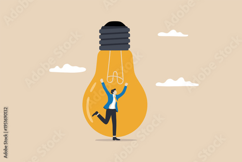 A business professional celebrating success while standing inside a glowing light bulb illustration