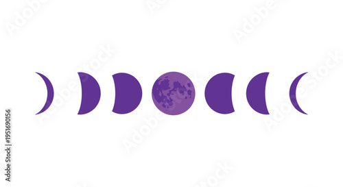 Illustration of purple moon phases from crescent to full showing detailed surface craters in linear sequence on white background.