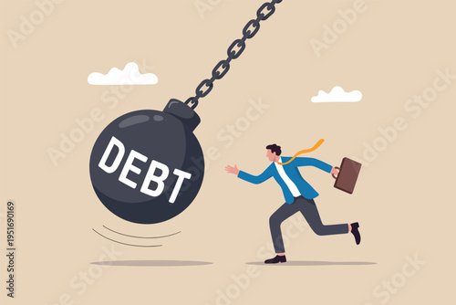 A business man running away from a giant swinging wrecking ball labeled with the word debt concept
