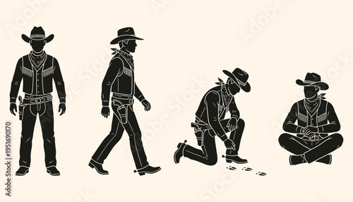 Set of four cowboy silhouettes in various poses and actions