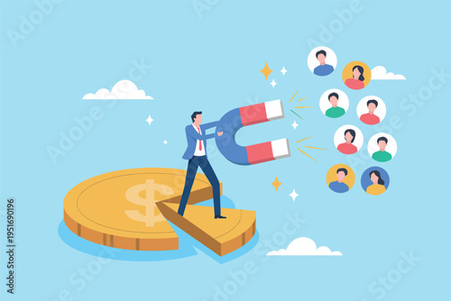 A business professional using a large magnet to attract a diverse group of new potential customers
