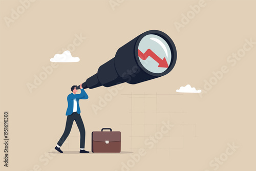A businessman looking through a telescope at a red declining arrow representing financial failure