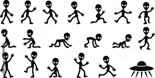 Alien silhouette character poses collection with UFO, cartoon extraterrestrial walking running sitting actions vector icon set