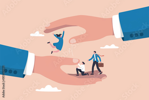 A giant pair of hands protecting small business professionals in a secure and supportive environment