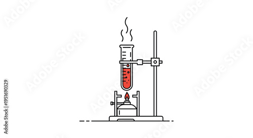 Line art illustration of laboratory test tube containing red liquid being heated by alcohol burner on metal stand for science experiment.