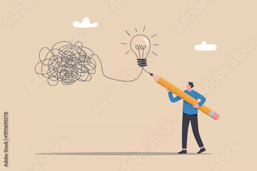 A man using a giant pencil to transform a chaotic scribbled tangle into a bright glowing lightbulb