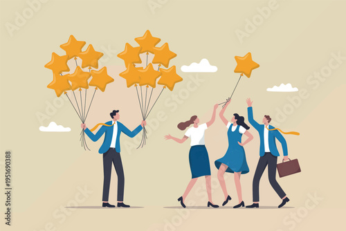 A team of business professionals celebrating success with golden stars representing high ratings