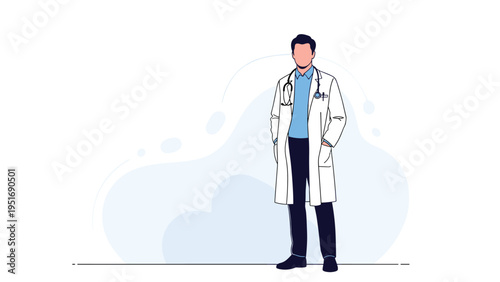 Male doctor wearing a professional white medical coat and a stethoscope standing against a minimalist blue background.