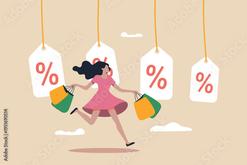 A happy woman running with colorful shopping bags under hanging discount price tags on sale day