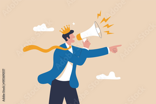 A business leader wearing a golden crown while shouting through a megaphone to give directions