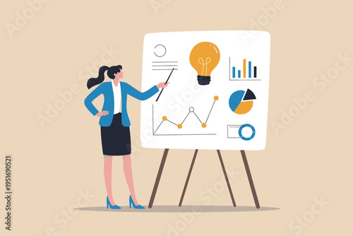 A professional woman presenting business analysis and innovative ideas on a large white easel board