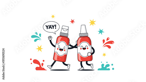 Two happy red sauce or condiment bottles with smiling faces celebrating and cheering with a big Yay text and colorful splashes.