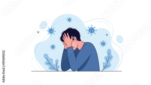 Sad man sitting in despair with head in hands surrounded by virus particles representing mental health crisis.