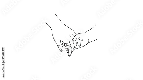 Simple black and white line drawing depicting an adult hand gently holding a childs hand representing care and love.