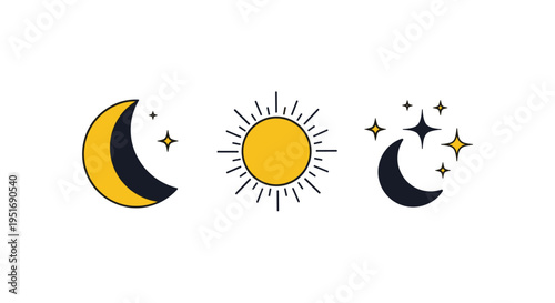 Minimalist celestial icons featuring crescent moon with stars and radiant sun in simple line art style on clean white background.