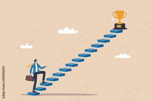 A business person climbing a long staircase towards a golden trophy representing career success