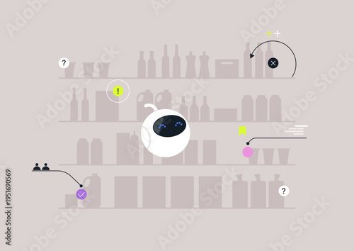 Advanced robot moves smoothly among the shelves, scanning various shopping articles with precision, enhancing the customer experience in a bustling store setting.