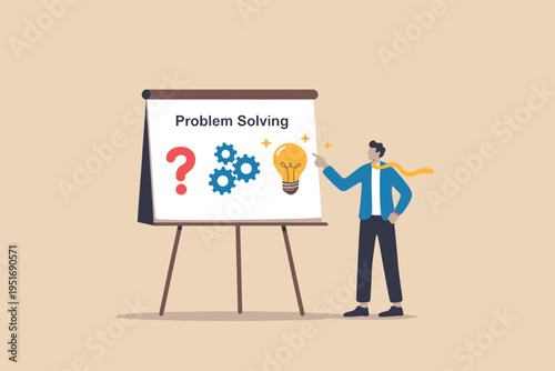 A business professional presenting a concept of effective problem solving using a whiteboard display