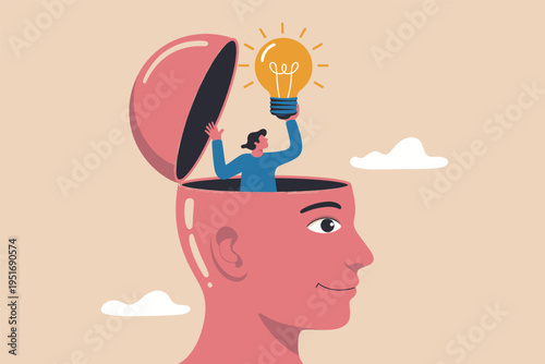 A creative illustration of a person opening their head to reveal a glowing light bulb of genius idea