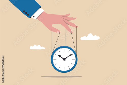 A business hand controlling time as if it were a puppet on strings against a minimalist background