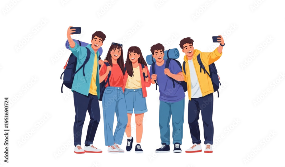 Fototapeta premium A group of young friends taking a selfie together with backpacks