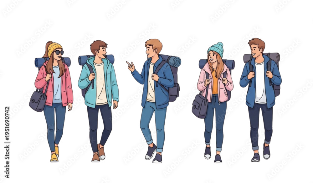 Fototapeta premium A group of young friends walking together with backpacks and luggage