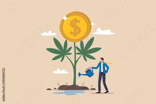A business man is watering a cannabis plant that is growing a large golden dollar coin at the top