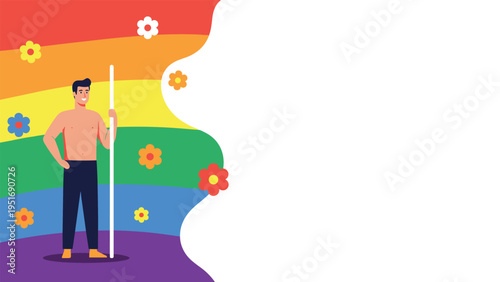 Proud man standing in front of colorful rainbow flag with flowers representing lgbtq pride and diversity.