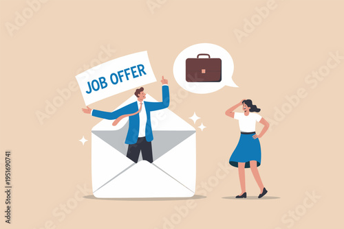 A professional man emerging from a large envelope holding a job offer sign for a curious woman