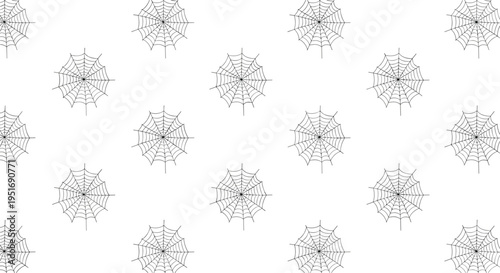 Recurring pattern of delicate black spider webs arranged in symmetrical rows on clean white background for subtle Halloween decoration.