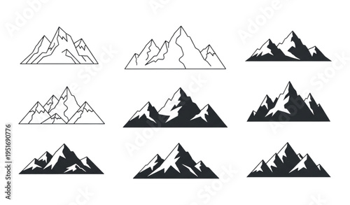 A set of minimalist mountain range icons in various black and white designs