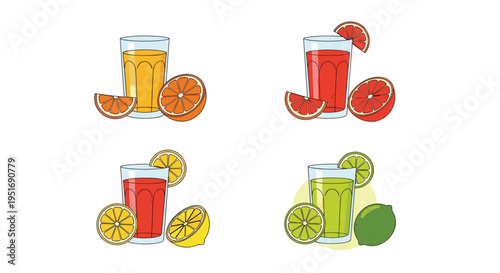 Set of glasses with different fruit juices including orange, grapefruit, lemon, and lime garnished with fresh fruit slices.