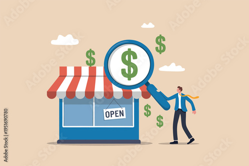 A businessman searching for profit opportunities in a local retail store using a magnifying glass
