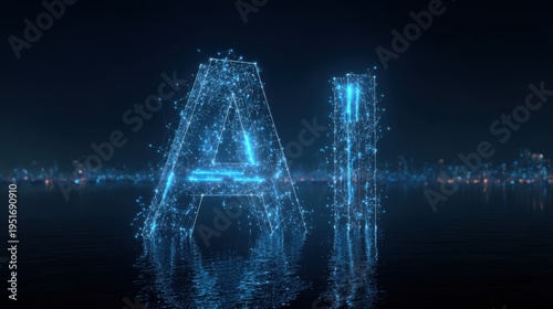 Artificial Intelligence Network: Digital AI Letters on Reflective Surface, Representing Futuristic Technology and Innovation