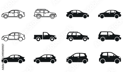 A collection of various car silhouettes and line art illustrations