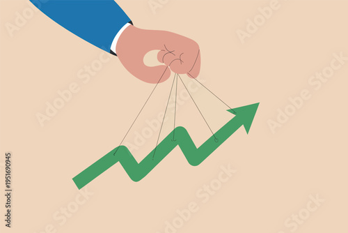 A business hand controlling a green growth arrow like a puppet to represent market manipulation.