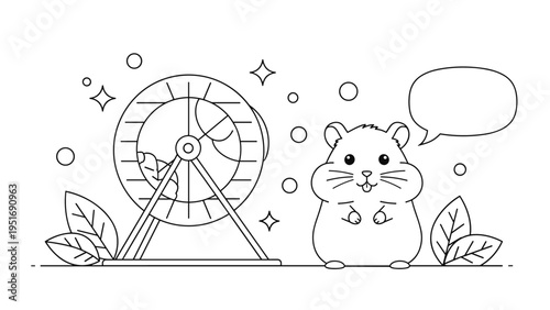 Line art illustration of a cute hamster standing next to its exercise wheel with a speech bubble and stars.
