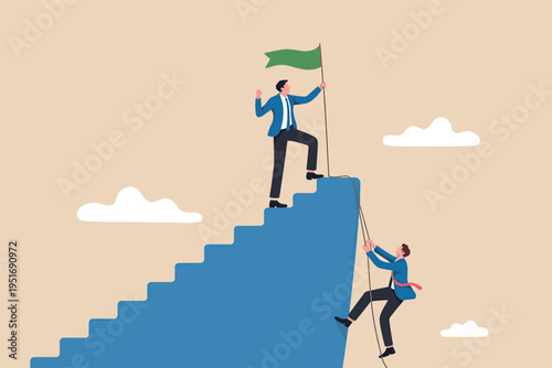 A business leader standing at the top of a staircase while another person climbs up with a rope