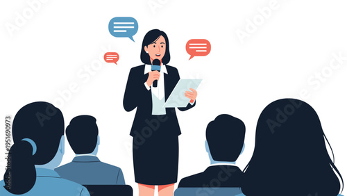 Professional woman delivering a speech into a microphone during a public speaking event with an audience in the foreground.